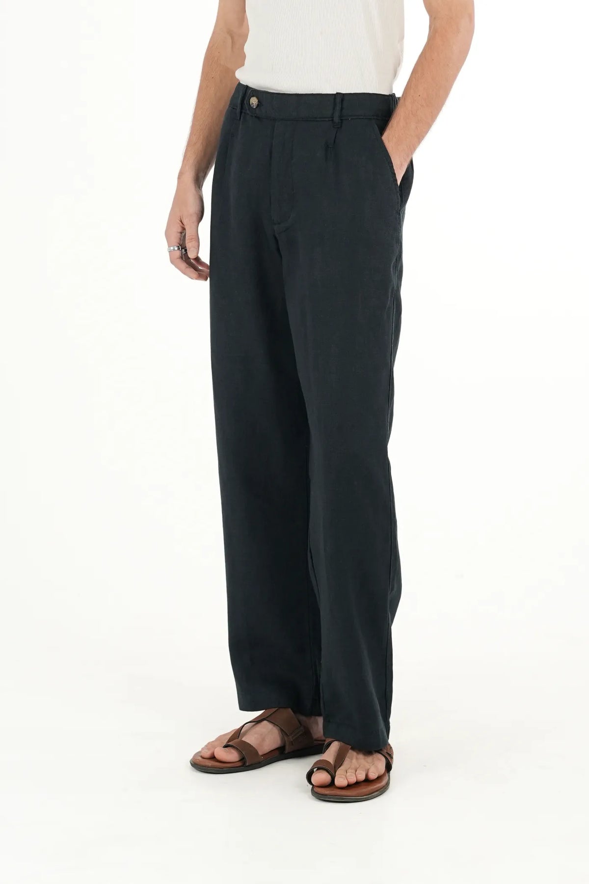 100% LINEN BLACK BUCKLE UP PANTS