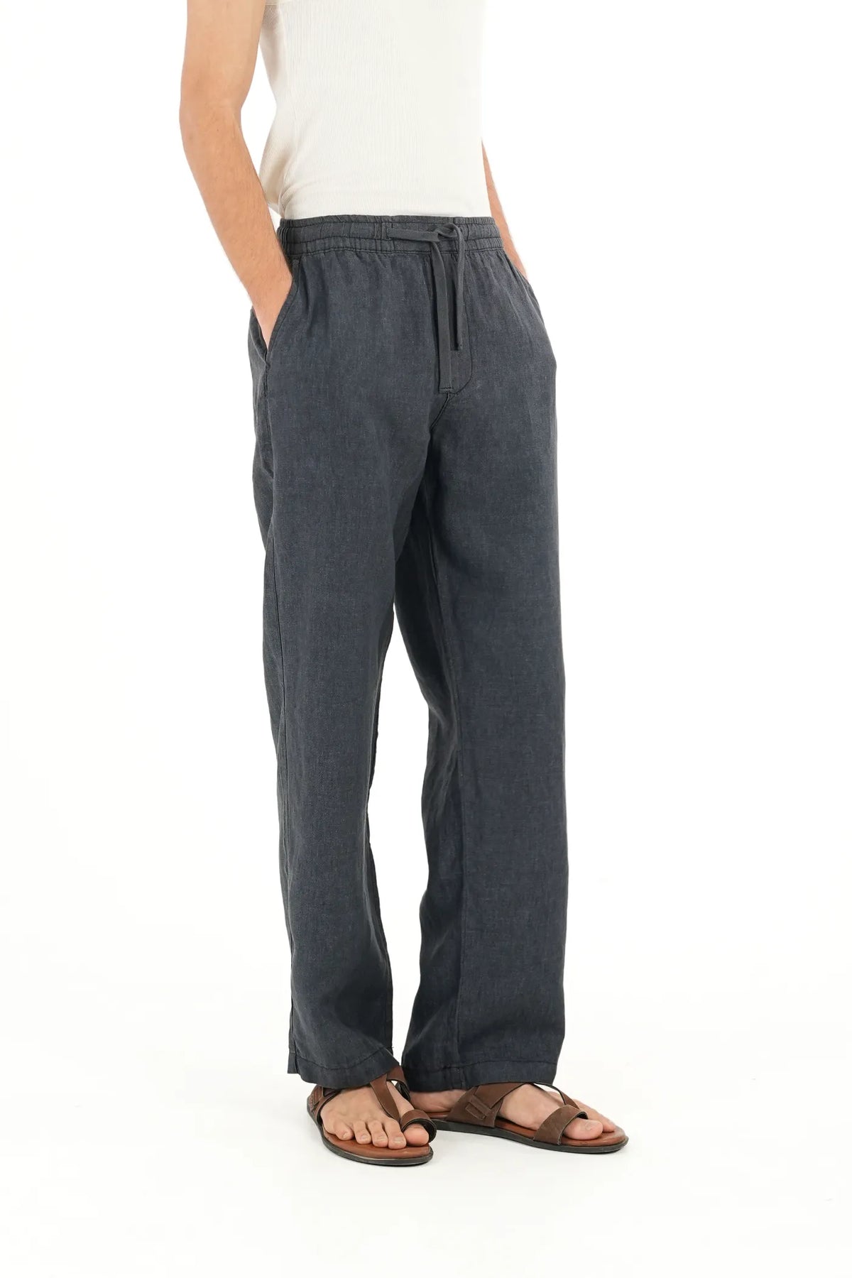 100% LINEN BLACK DRAWSTRING TROUSERS