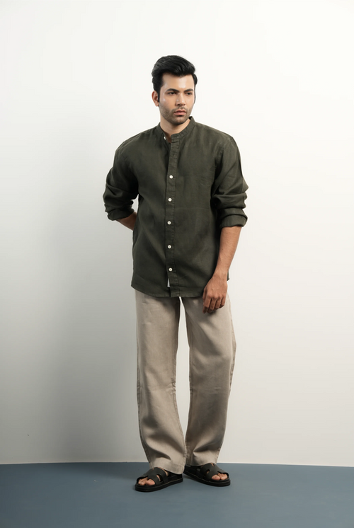 100% LINEN DARK GREEN SHIRT