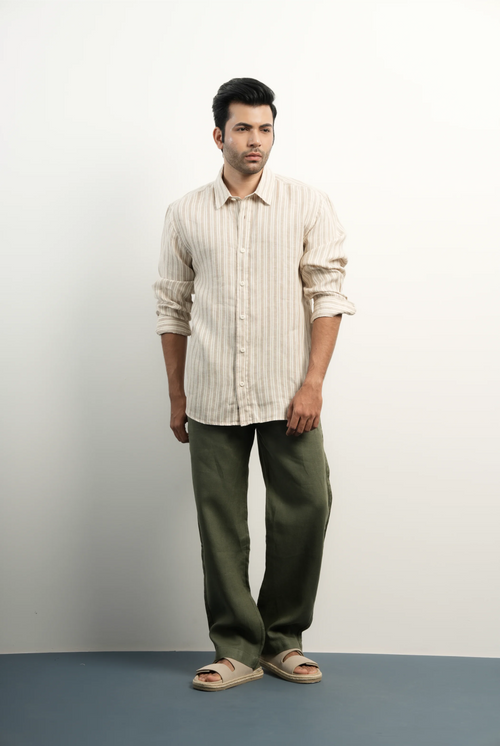 100% LINEN BEIGE STRIPS SHIRT