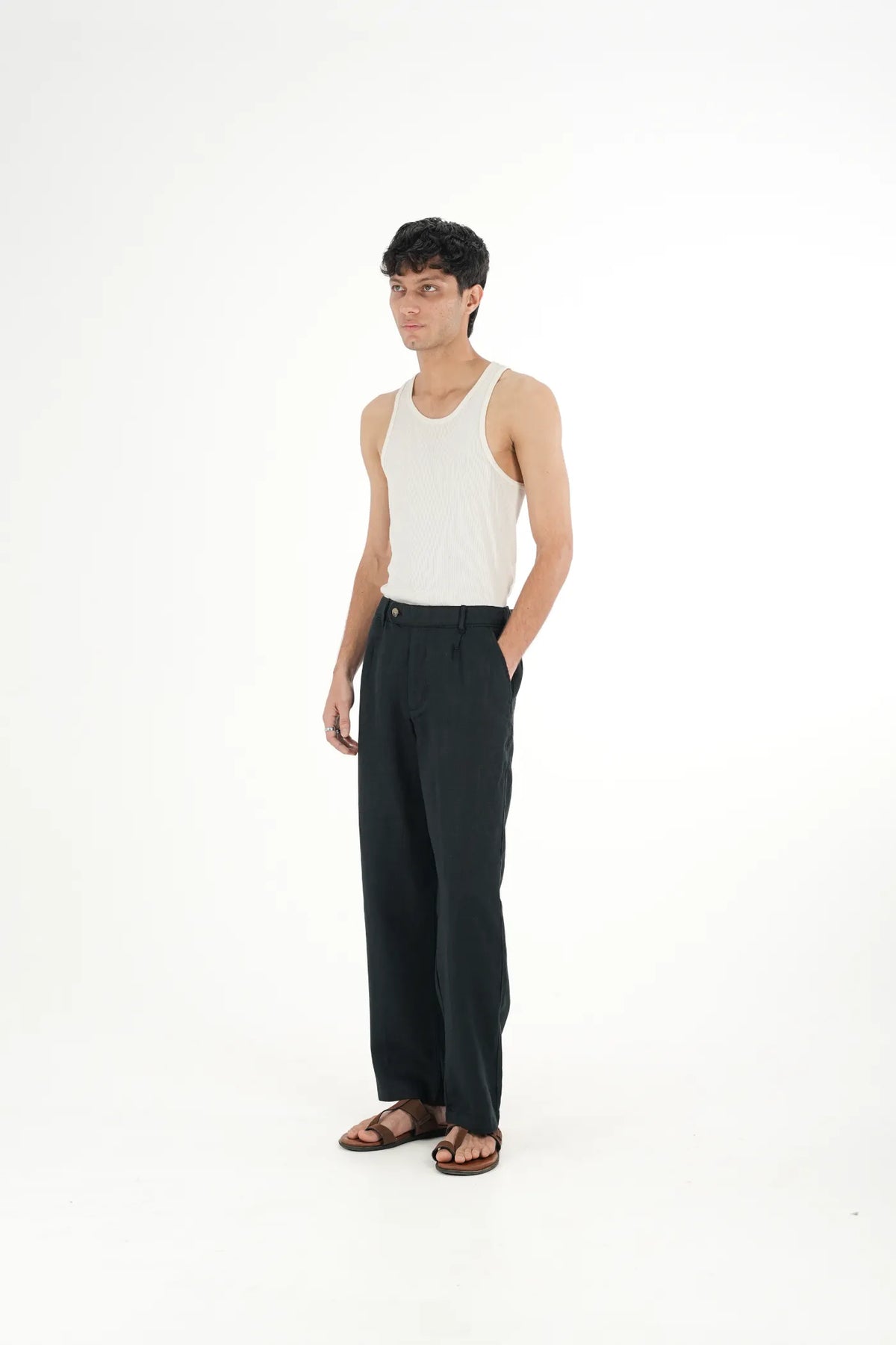 100% LINEN BLACK BUCKLE UP PANTS