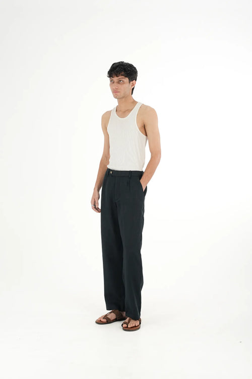 100% LINEN BLACK BUCKLE UP PANTS