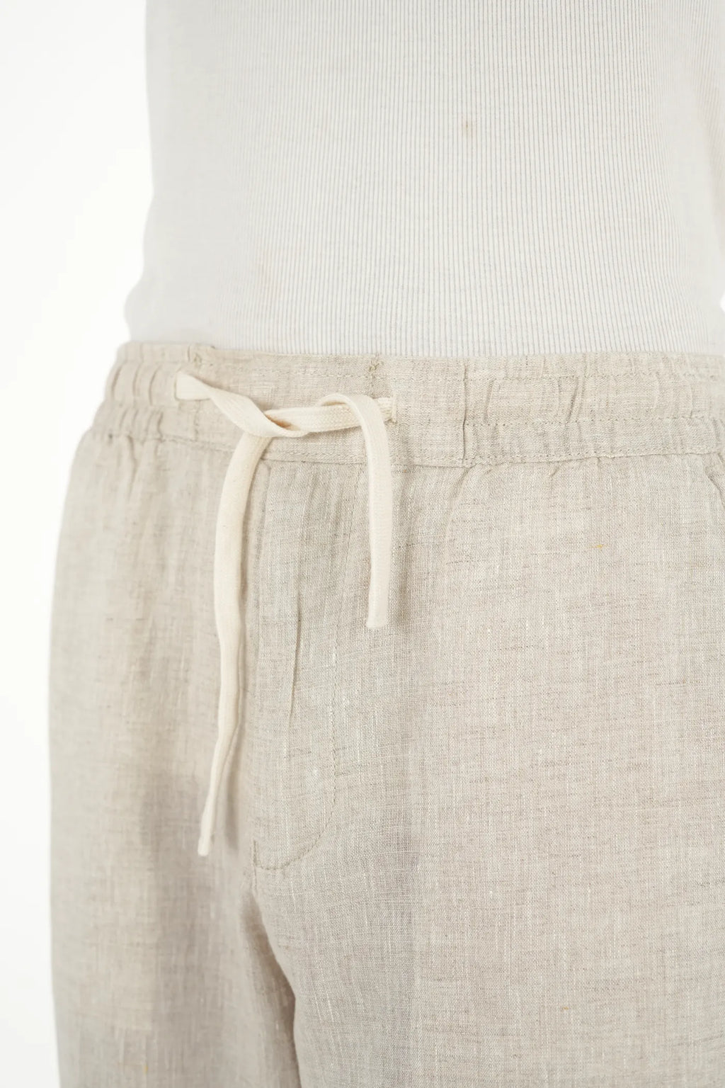 100% LINEN TEXTURE BEIGE DRAWSTRING TROUSERS