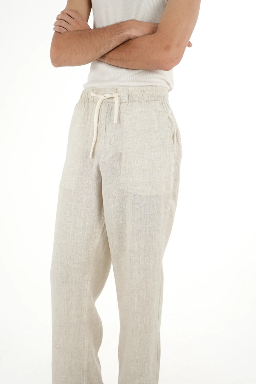 100% LINEN TEXTURE BEIGE DRAWSTRING TROUSERS