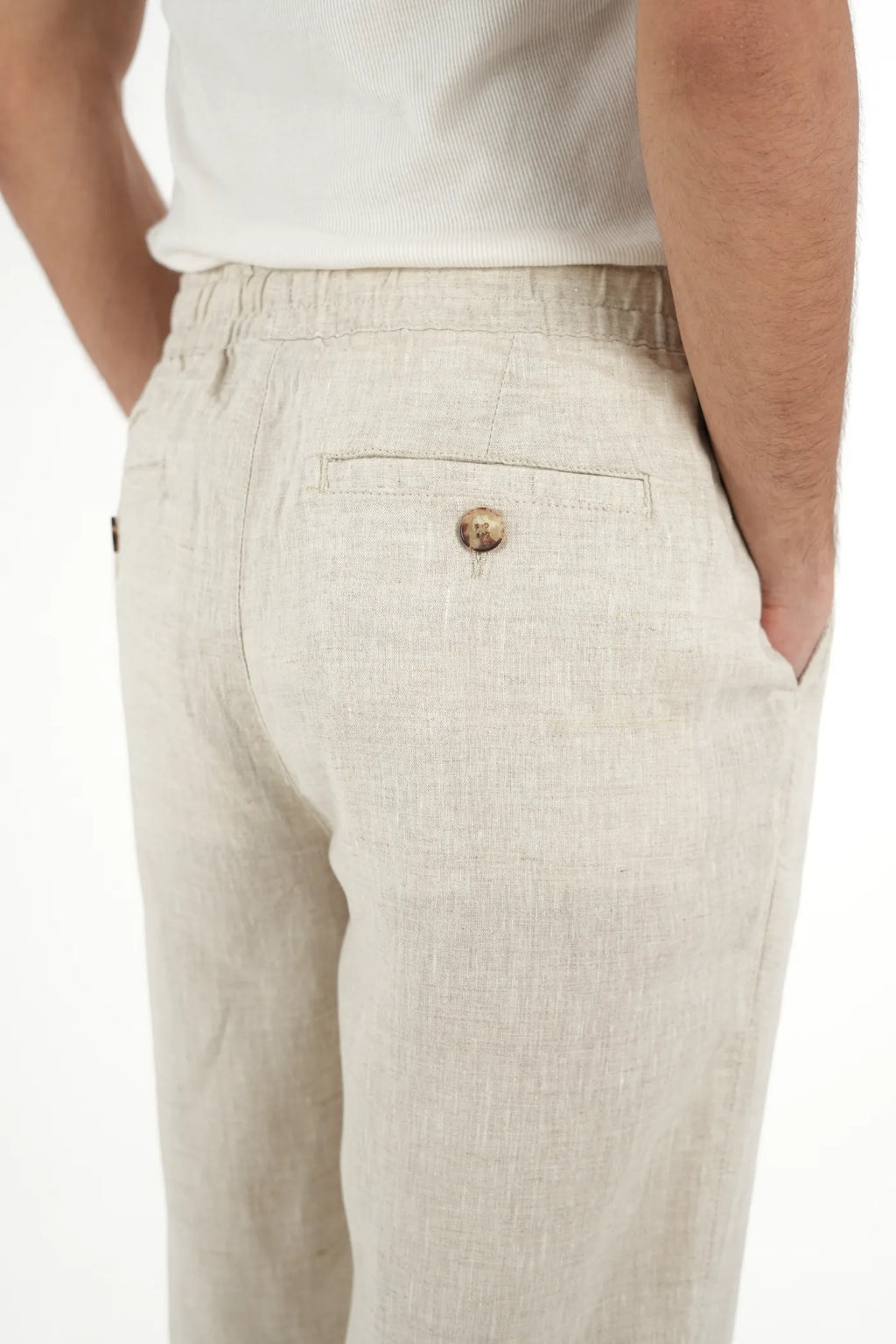 100% LINEN TEXTURE BEIGE DRAWSTRING TROUSERS