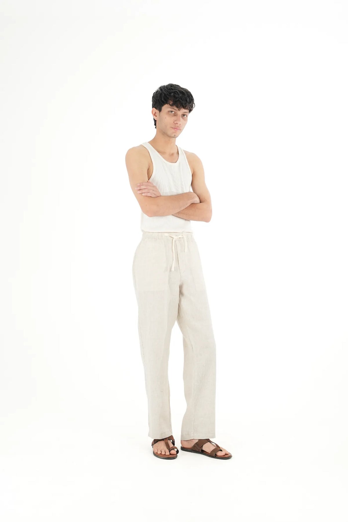 100% LINEN TEXTURE BEIGE DRAWSTRING TROUSERS