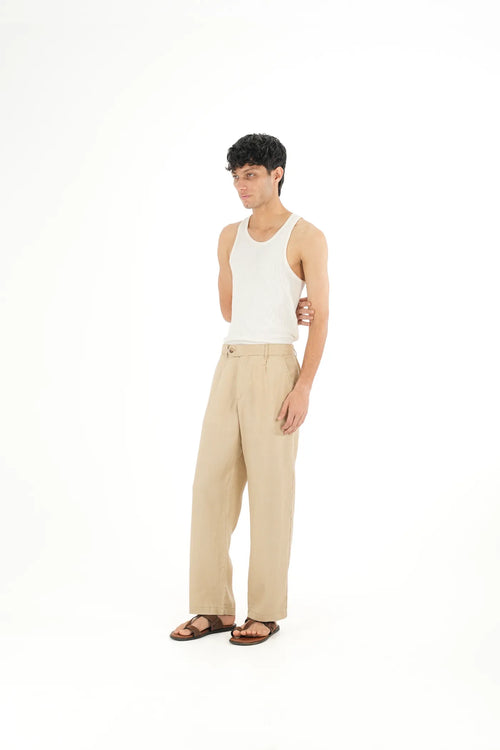 100% LINEN TAN BUCKLE UP PANTS