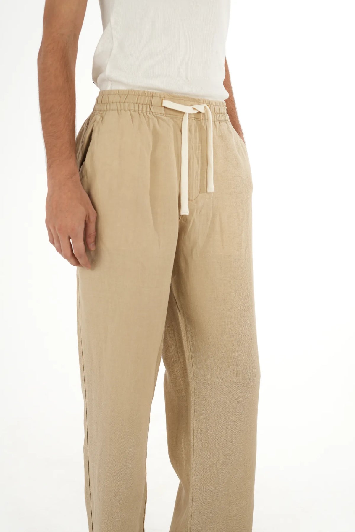 100% LINEN KHAKI DRAWSTRING TROUSERS
