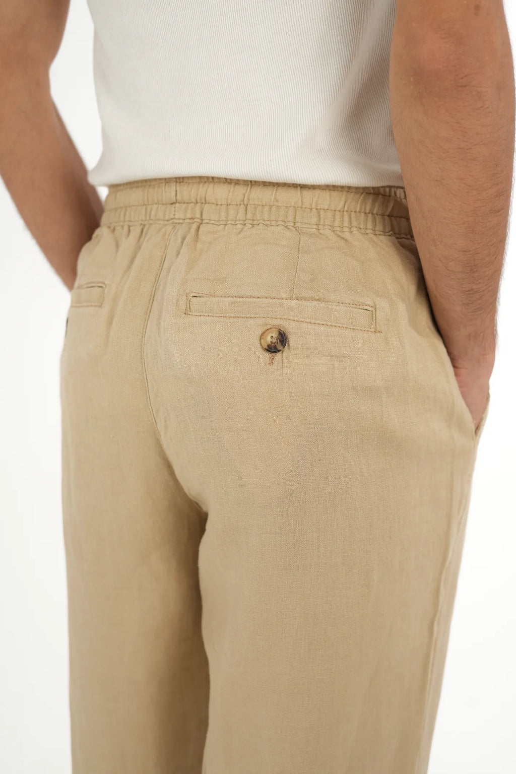 100% LINEN KHAKI DRAWSTRING TROUSERS