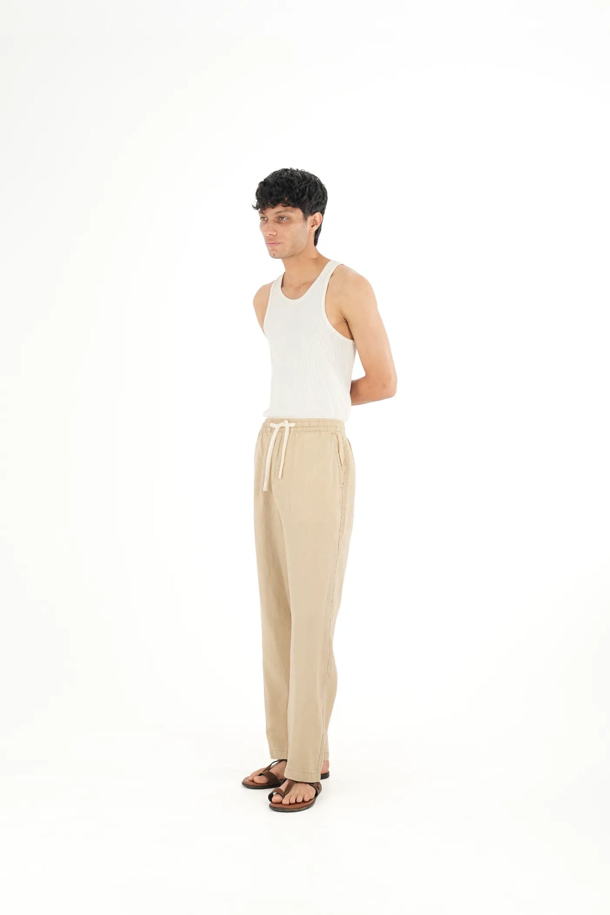 100% LINEN KHAKI DRAWSTRING TROUSERS