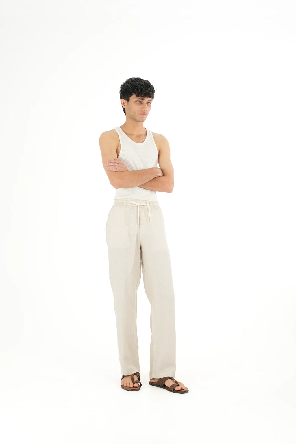 100% LINEN LIGHT BEIGE DRAWSTRING TROUSERS