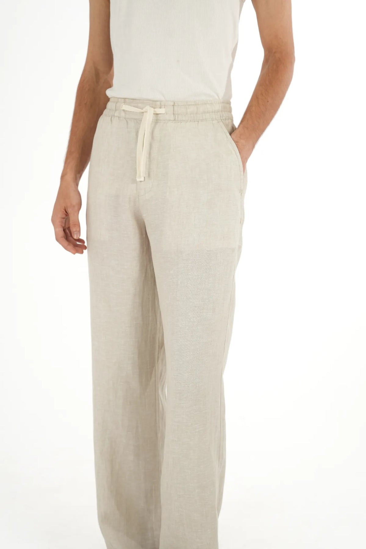 100% LINEN LIGHT BEIGE DRAWSTRING TROUSERS
