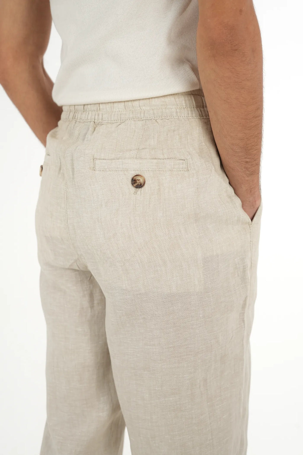 100% LINEN LIGHT BEIGE DRAWSTRING TROUSERS
