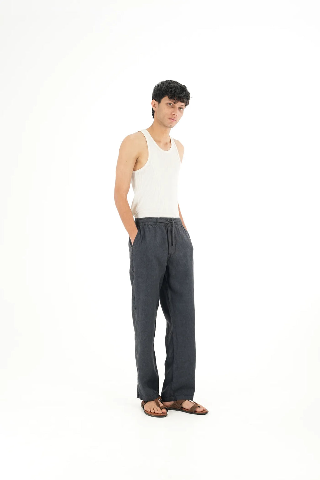 100% LINEN BLACK DRAWSTRING TROUSERS