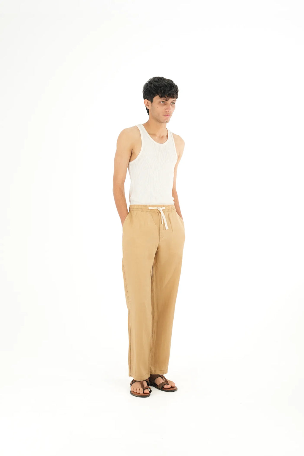 100% LINEN TAN DRAWSTRING TROUSERS