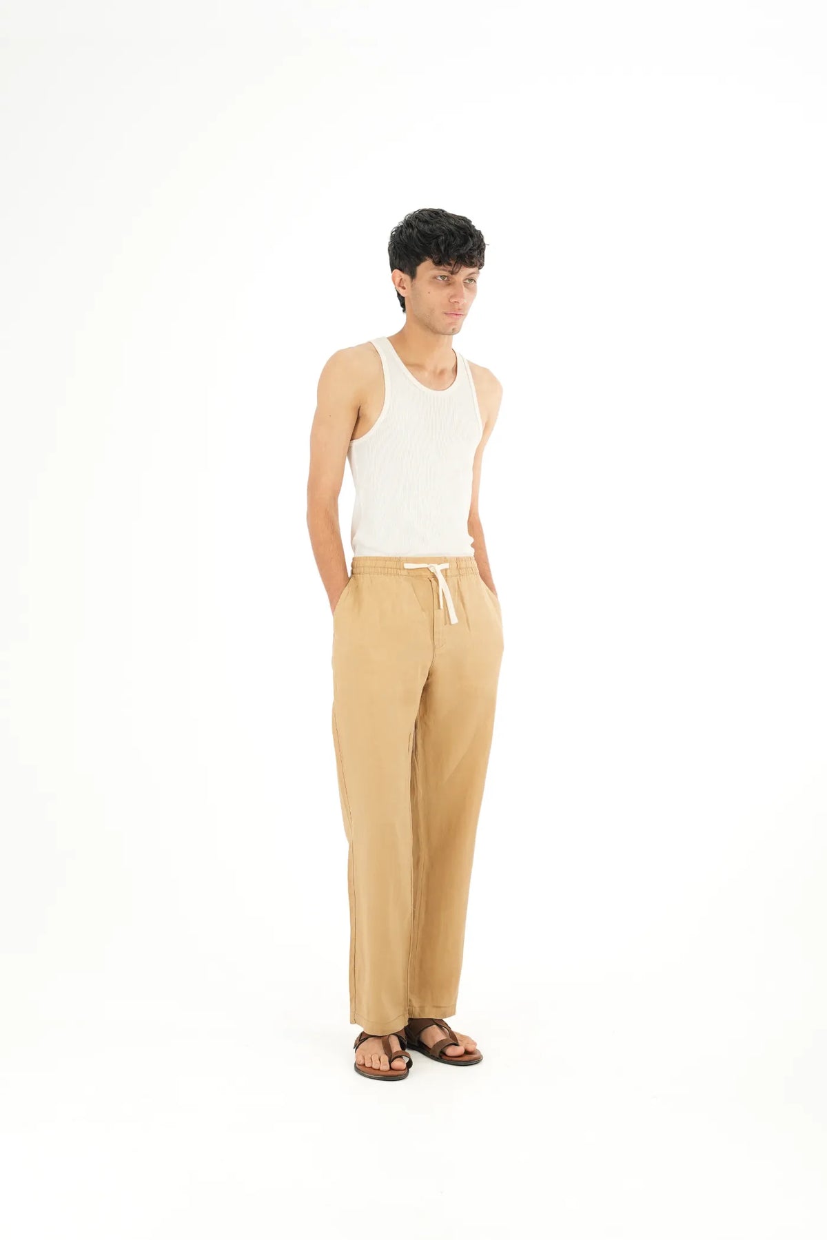 100% LINEN TAN DRAWSTRING TROUSERS