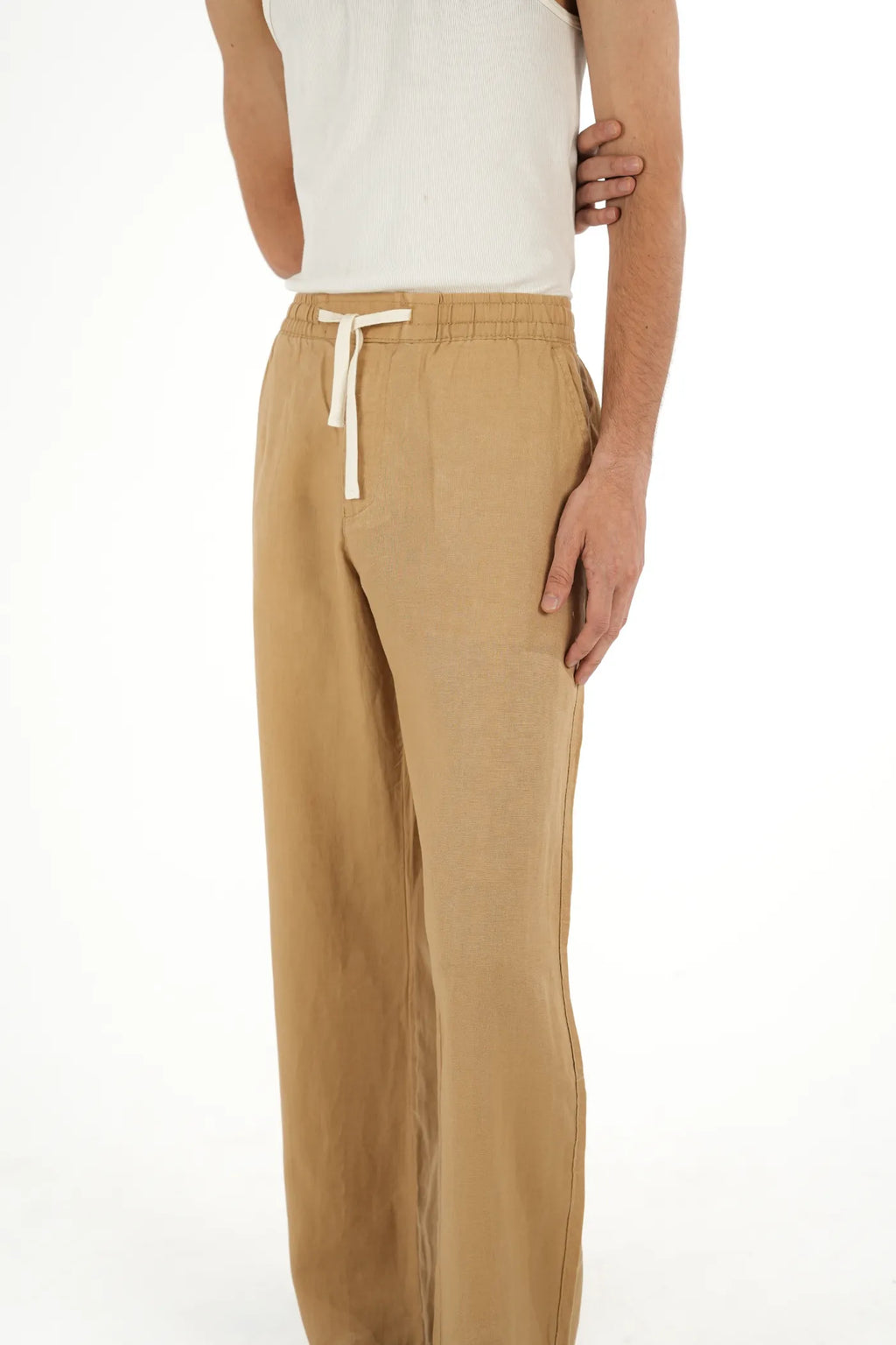 100% LINEN TAN DRAWSTRING TROUSERS