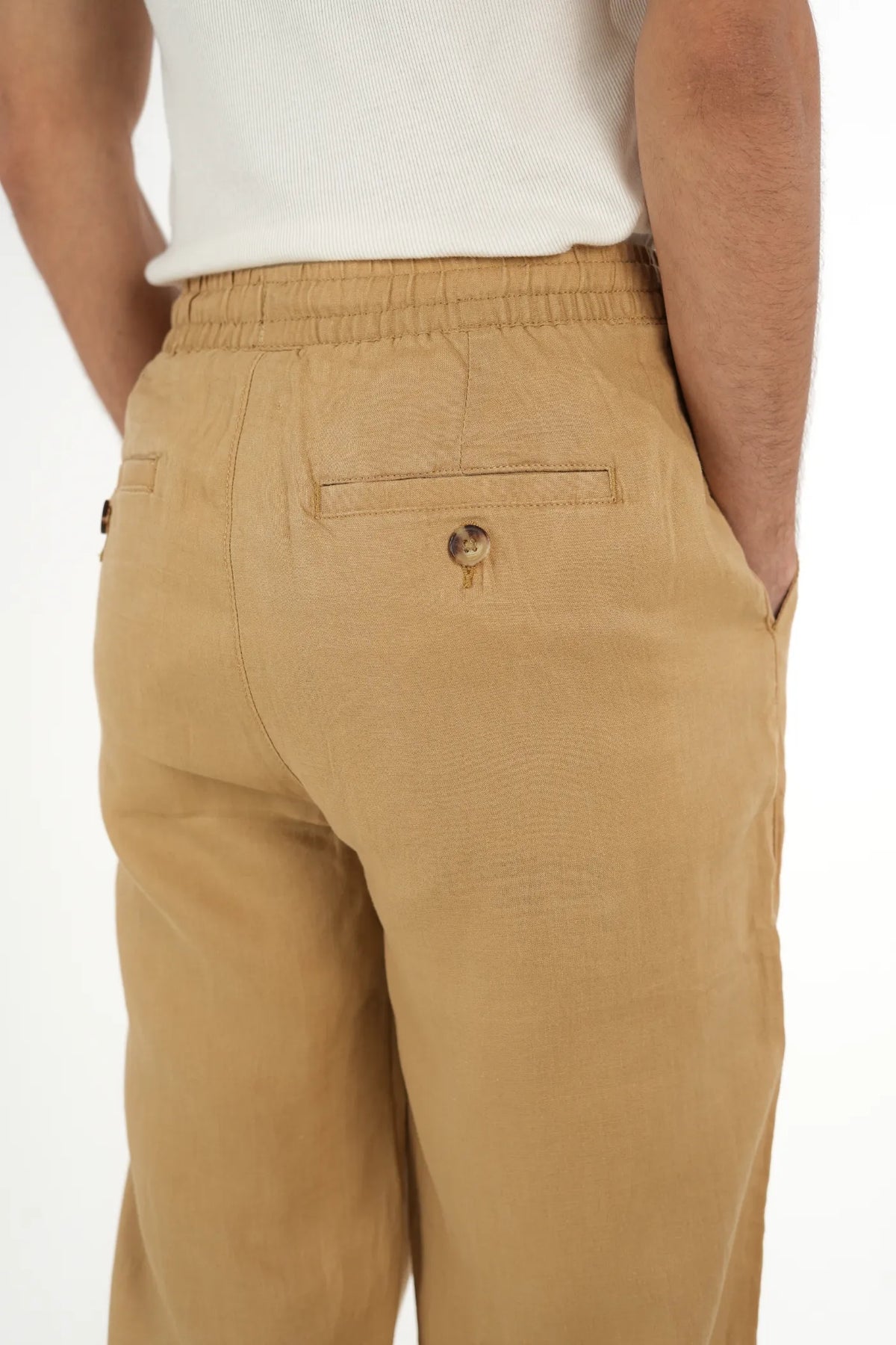 100% LINEN TAN DRAWSTRING TROUSERS