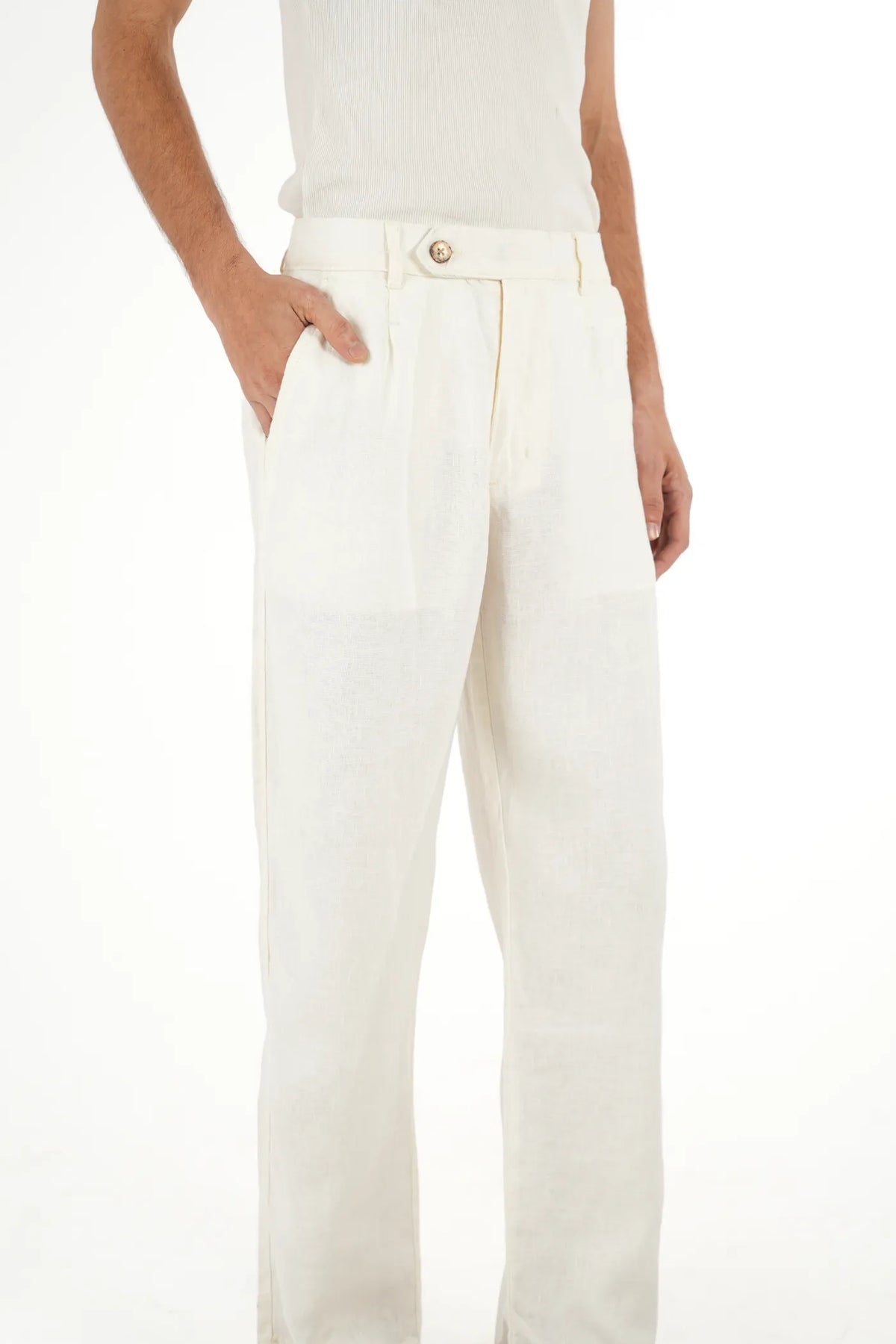 100% LINEN OFF-WHITE BUCKLE UP PANTS