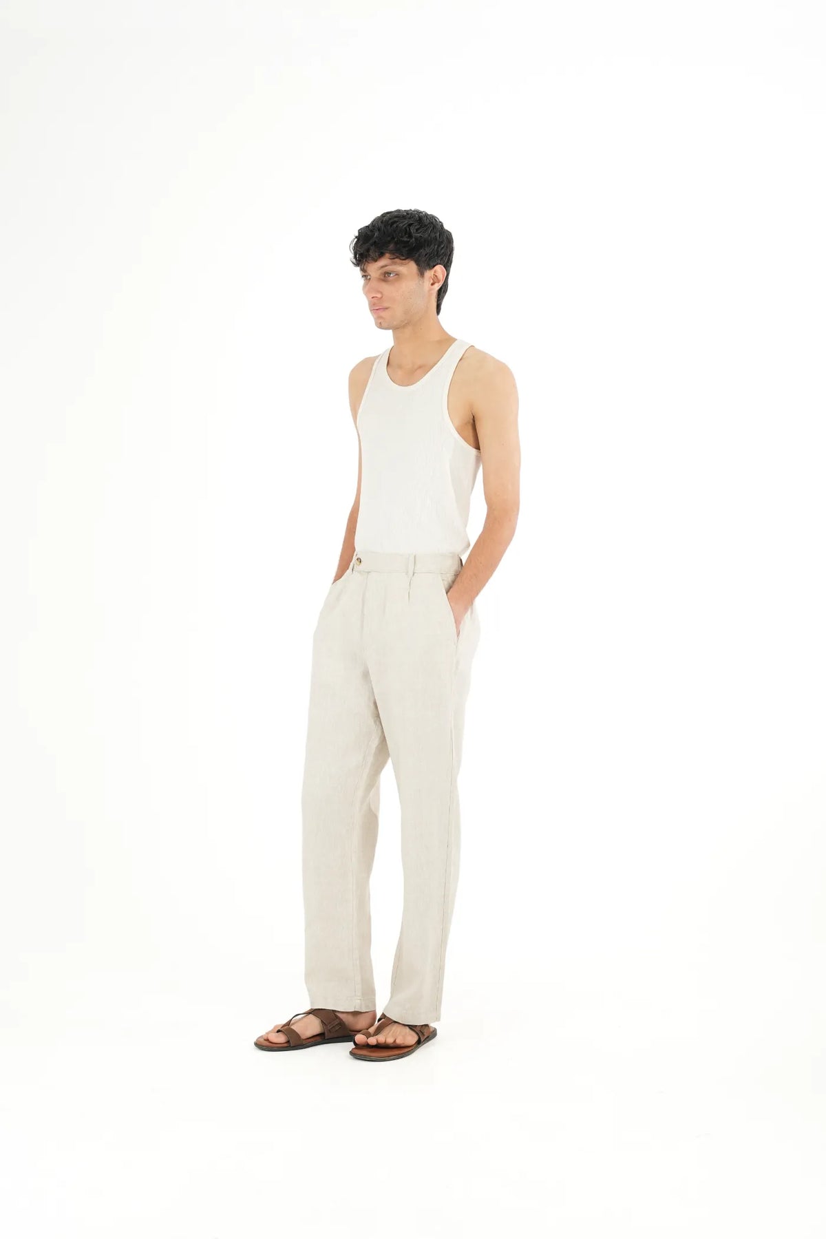 100% LINEN TEXTURE BEIGE BUCKLE UP PANTS