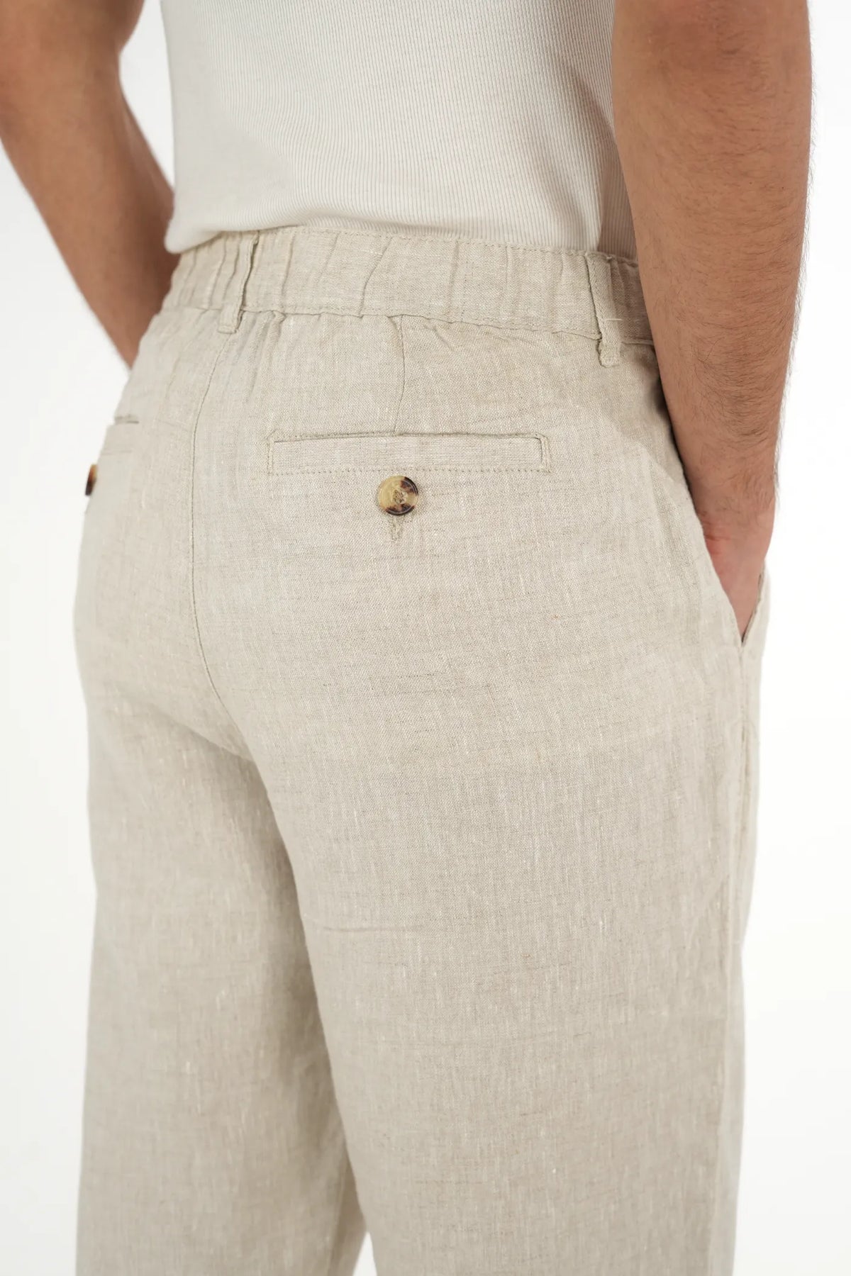 100% LINEN TEXTURE BEIGE BUCKLE UP PANTS