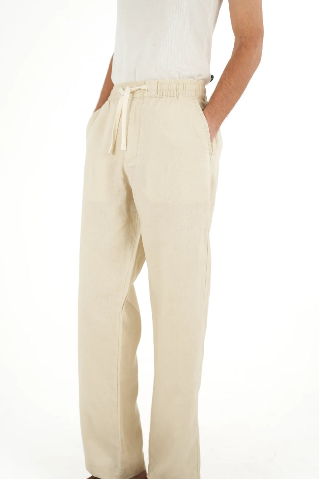 100% LINEN BEIGE DRAWSTRING TROUSERS