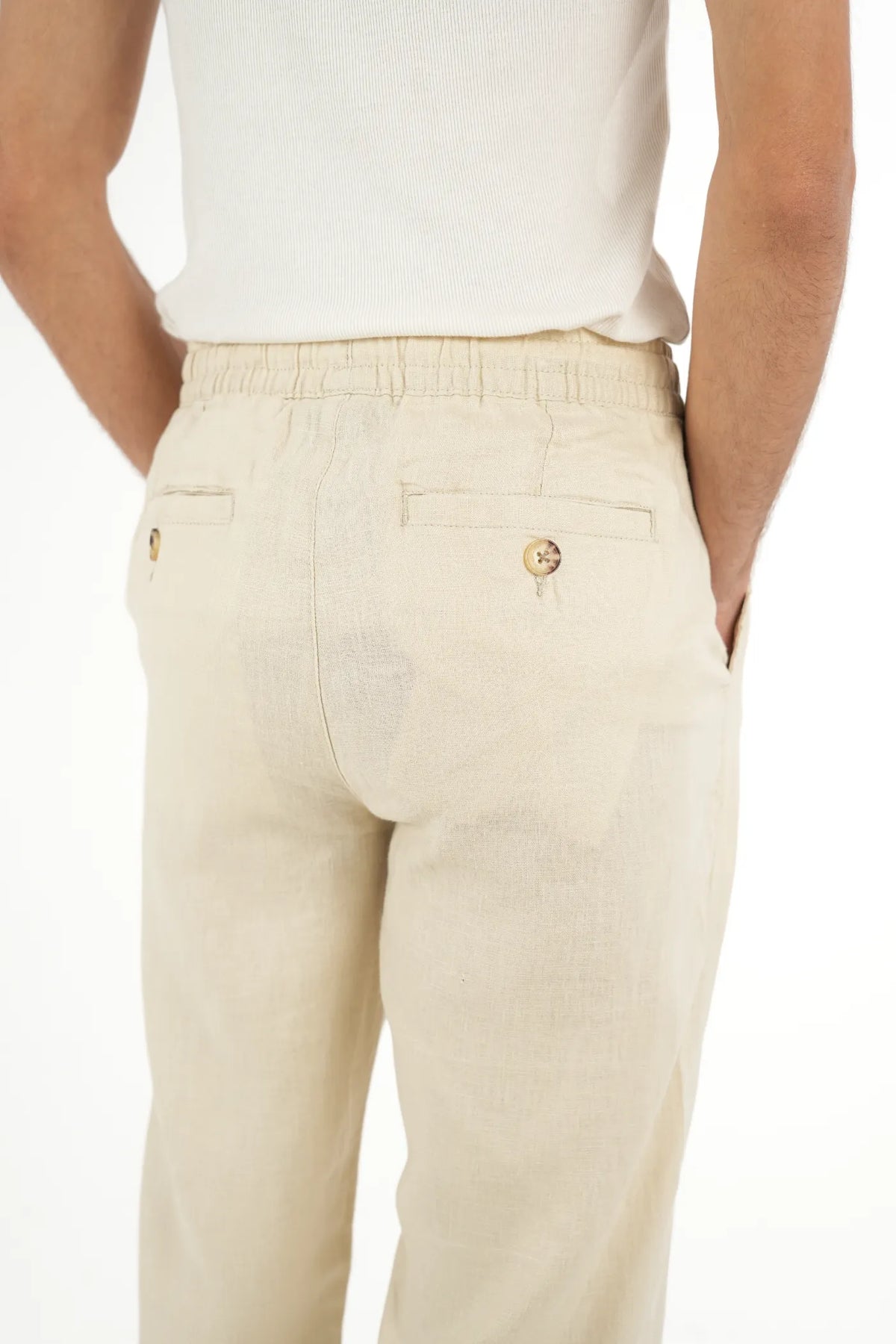 100% LINEN BEIGE DRAWSTRING TROUSERS