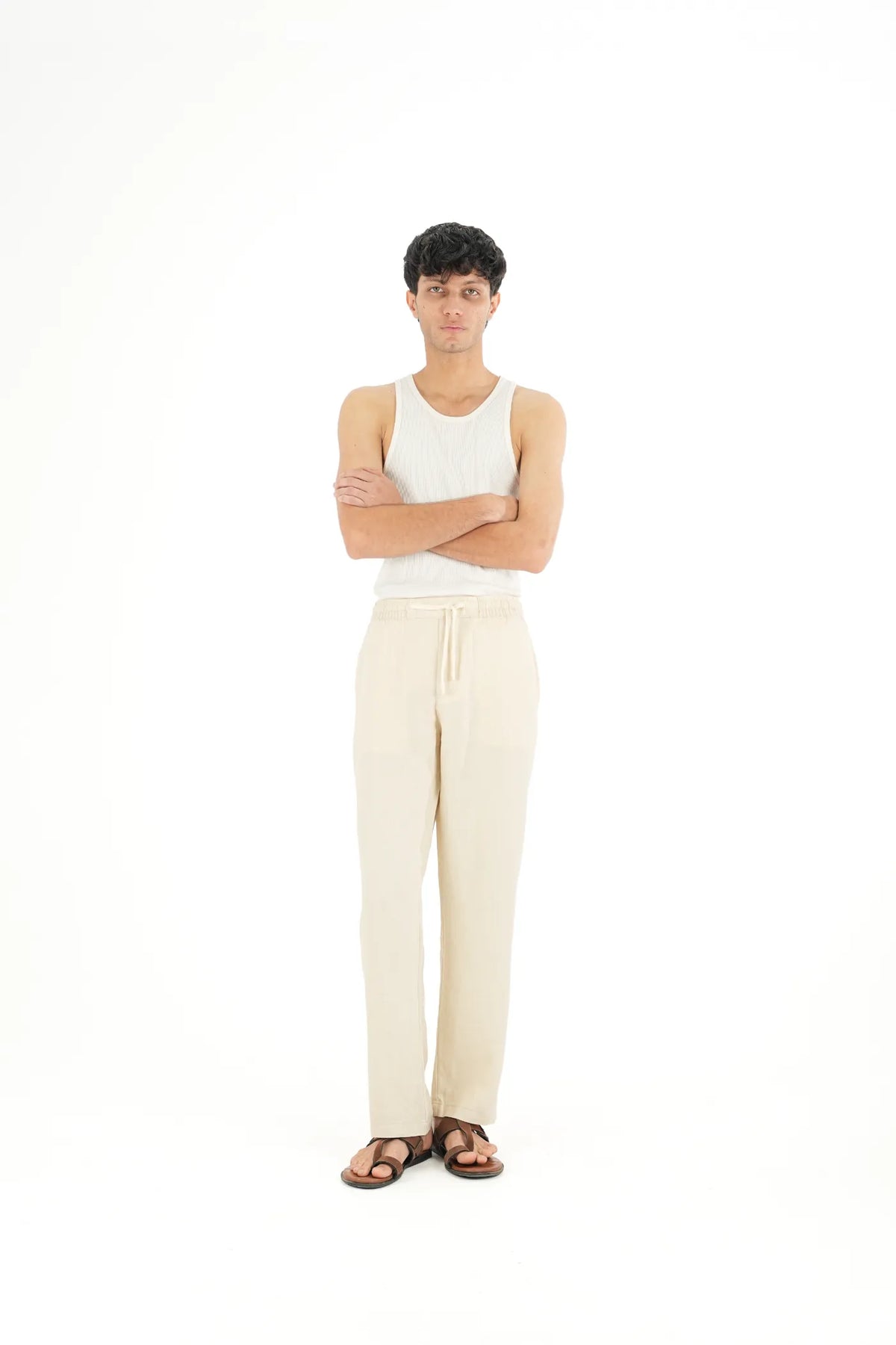 100% LINEN BEIGE DRAWSTRING TROUSERS