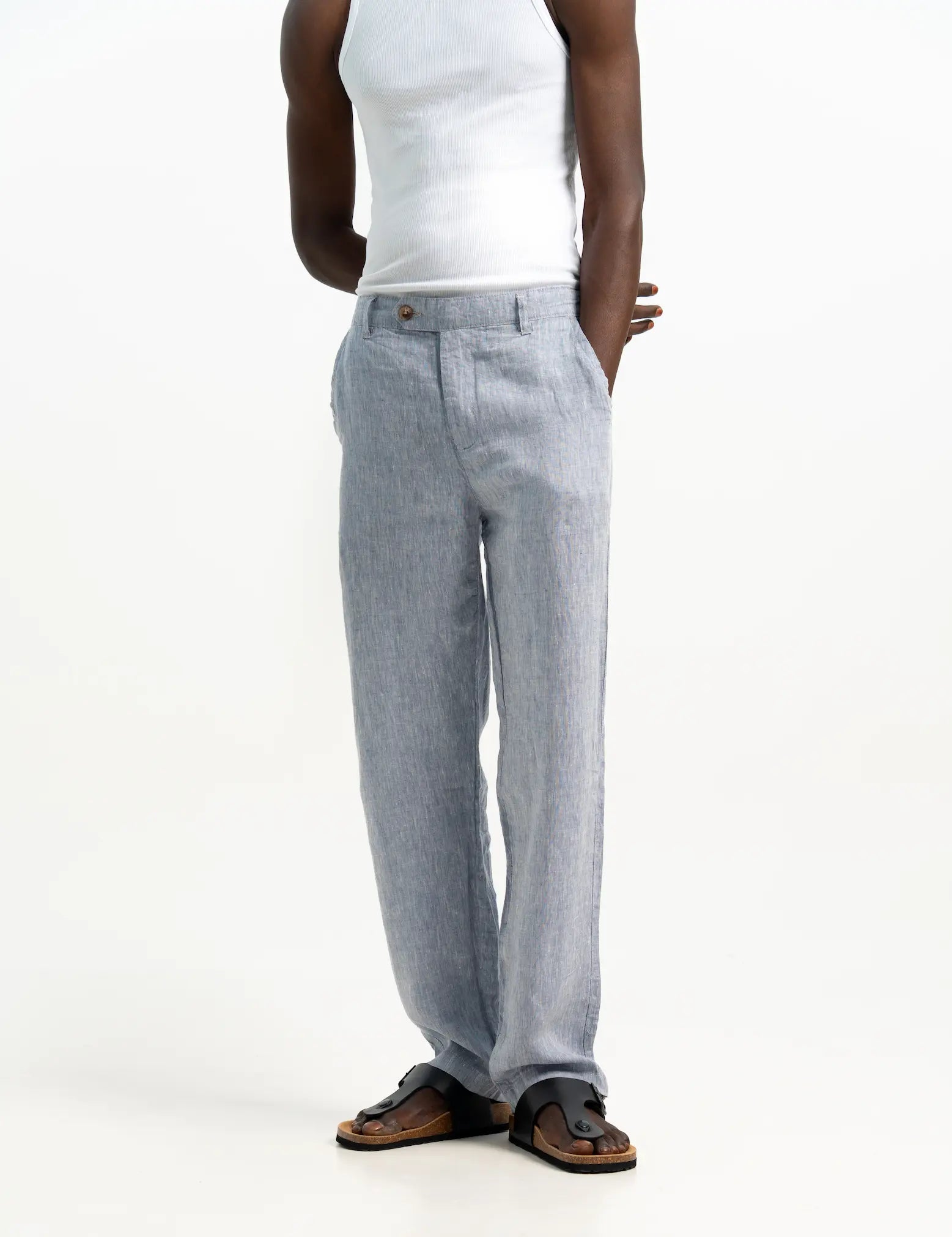 VELAIR LINEN LIGHT DENIM TEXTURE BUCKLE UP PANTS