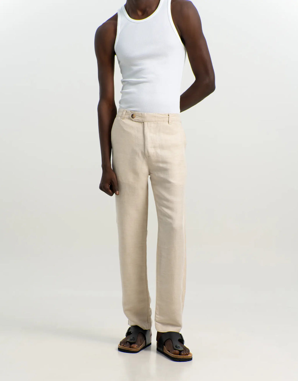 VELAIR LINEN OFF-WHITE HARD BUCKLE UP PANTS