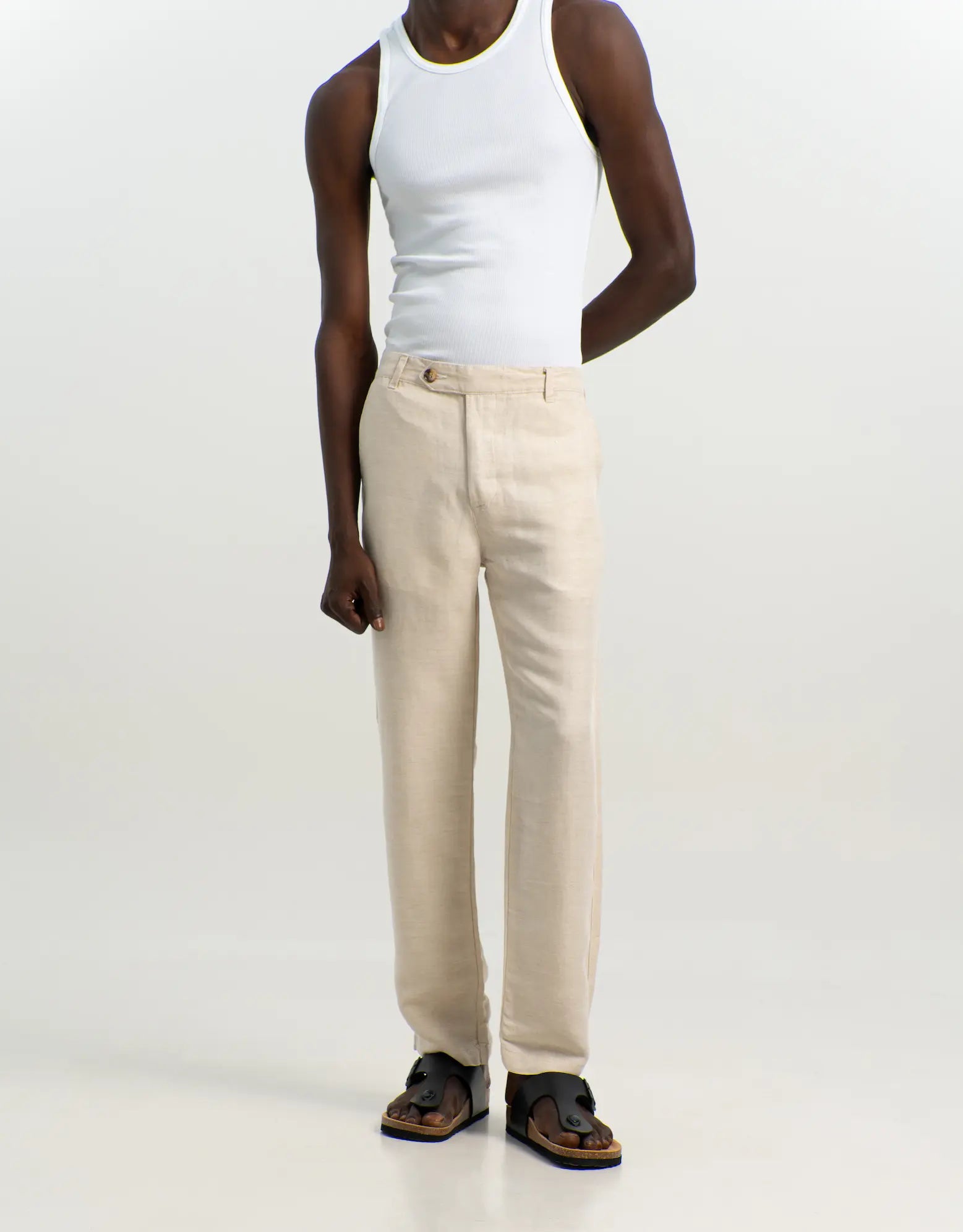 VELAIR LINEN OFF-WHITE HARD BUCKLE UP PANTS