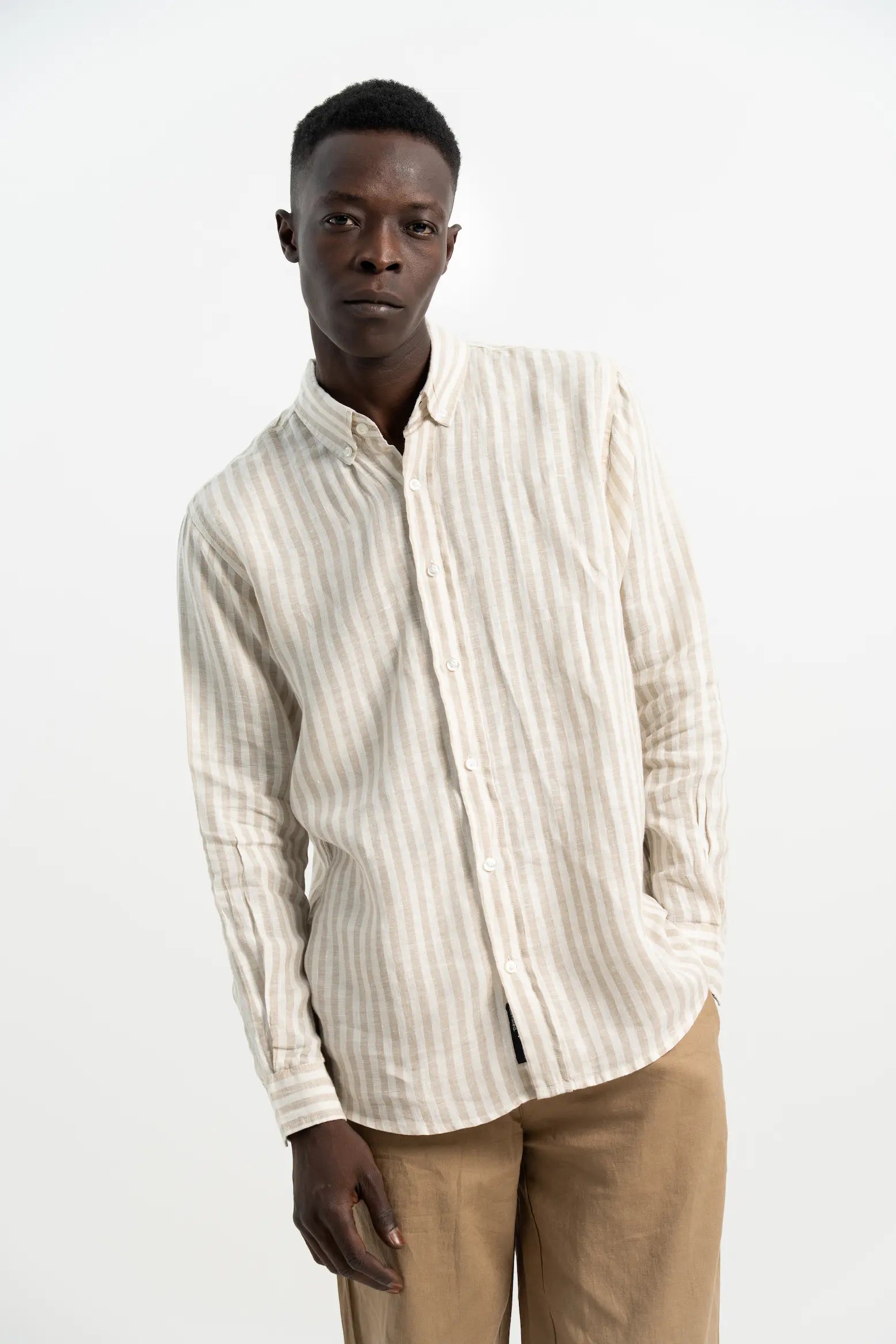 VELAIR LINEN BROWN STRIPS SHIRT