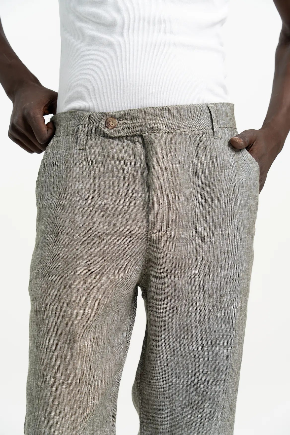 VELAIR LINEN GREEN TEXTURE BUCKLE UP PANTS