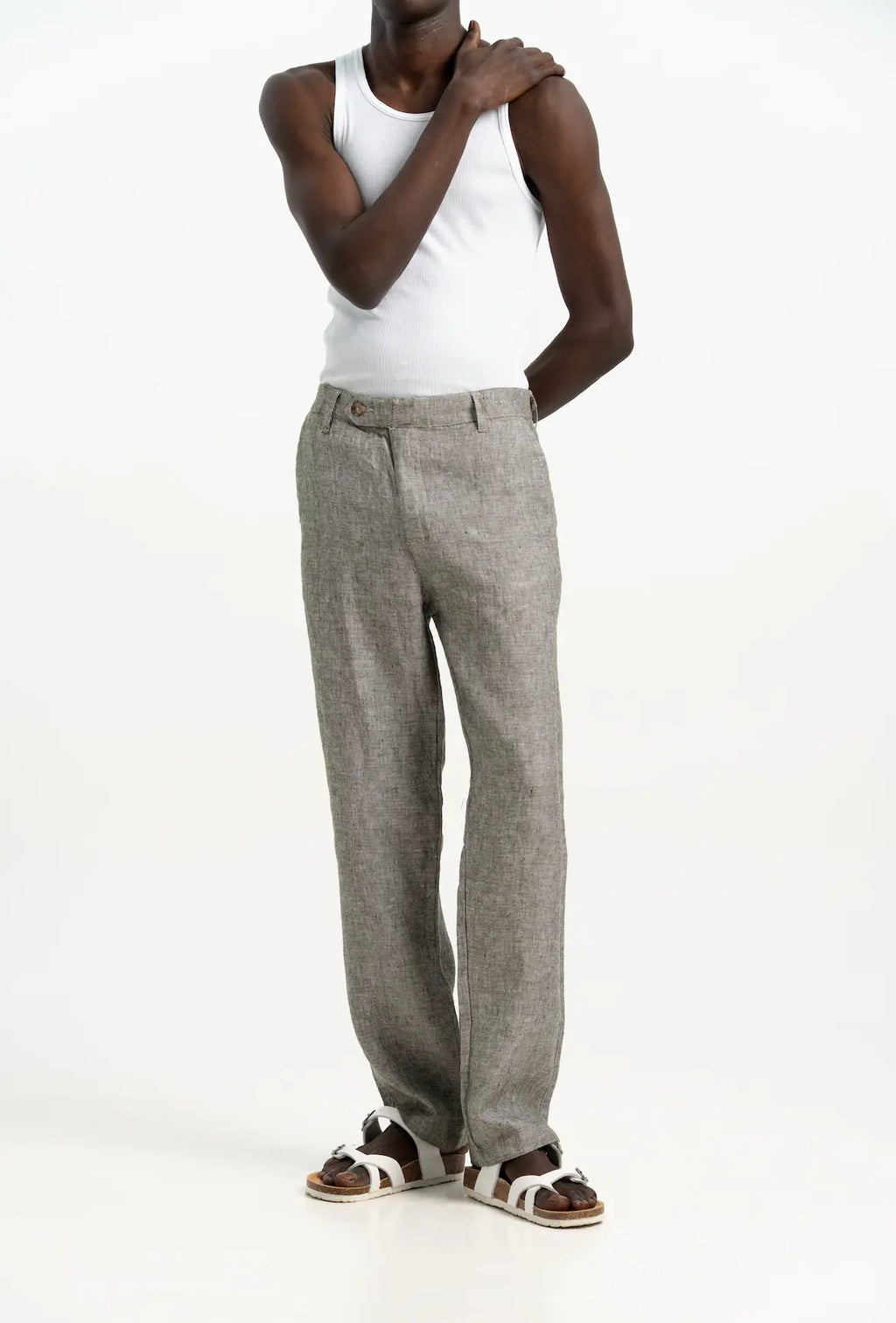 VELAIR LINEN GREEN TEXTURE BUCKLE UP PANTS