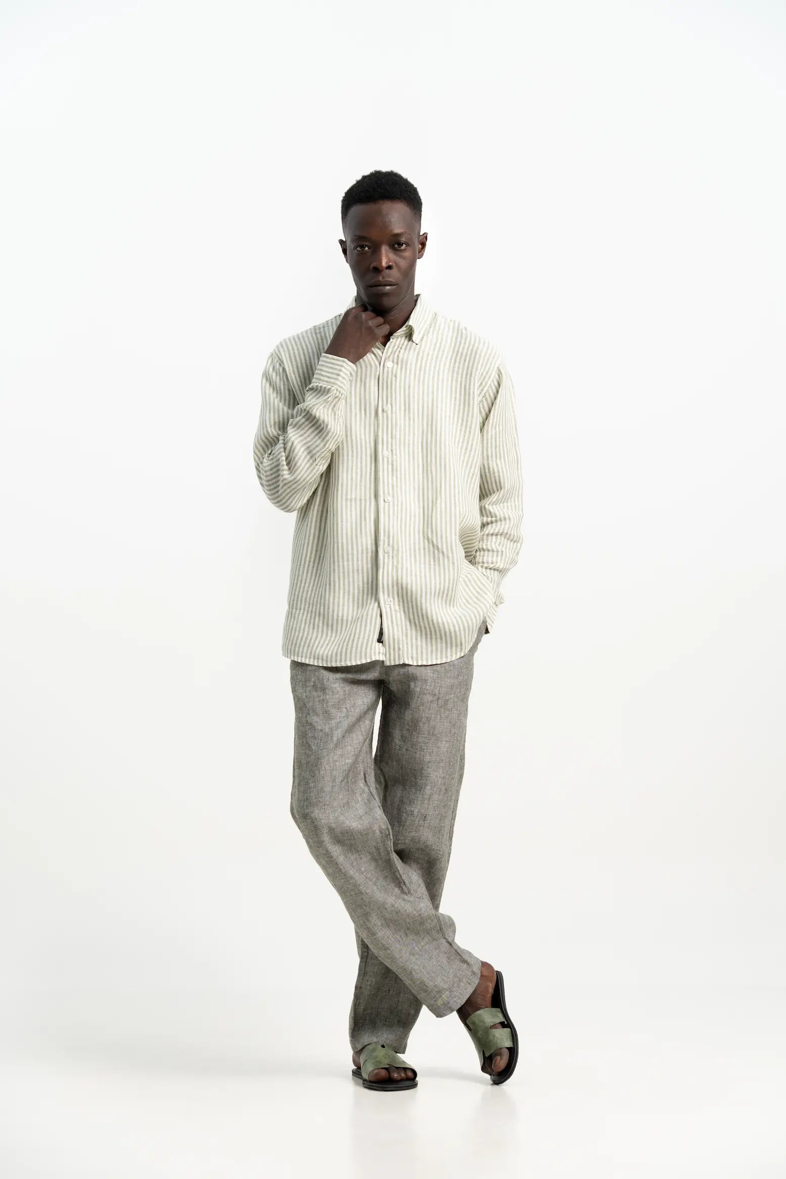VELAIR LINEN GREEN STRIPS SHIRT
