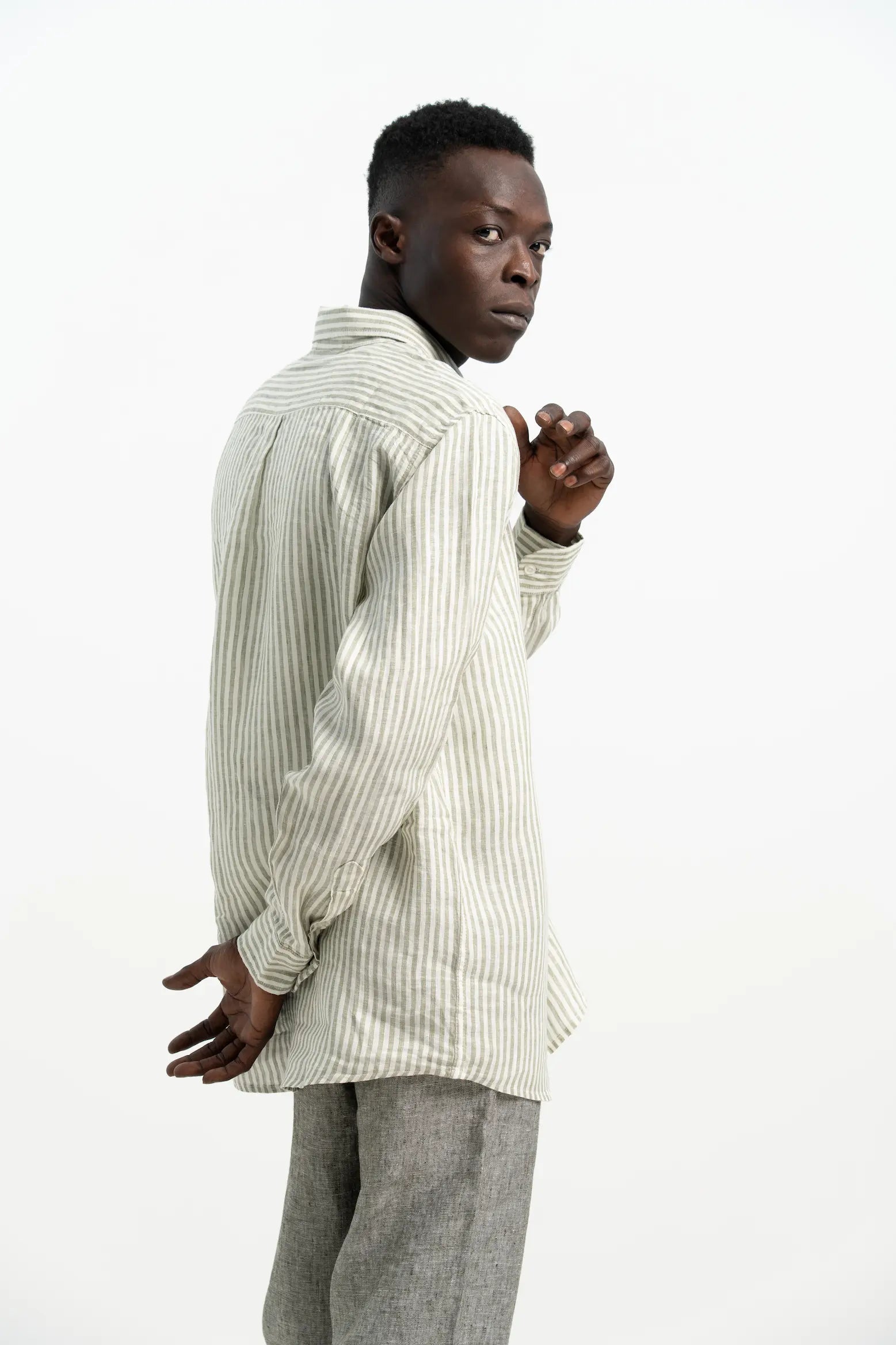 VELAIR LINEN GREEN STRIPS SHIRT