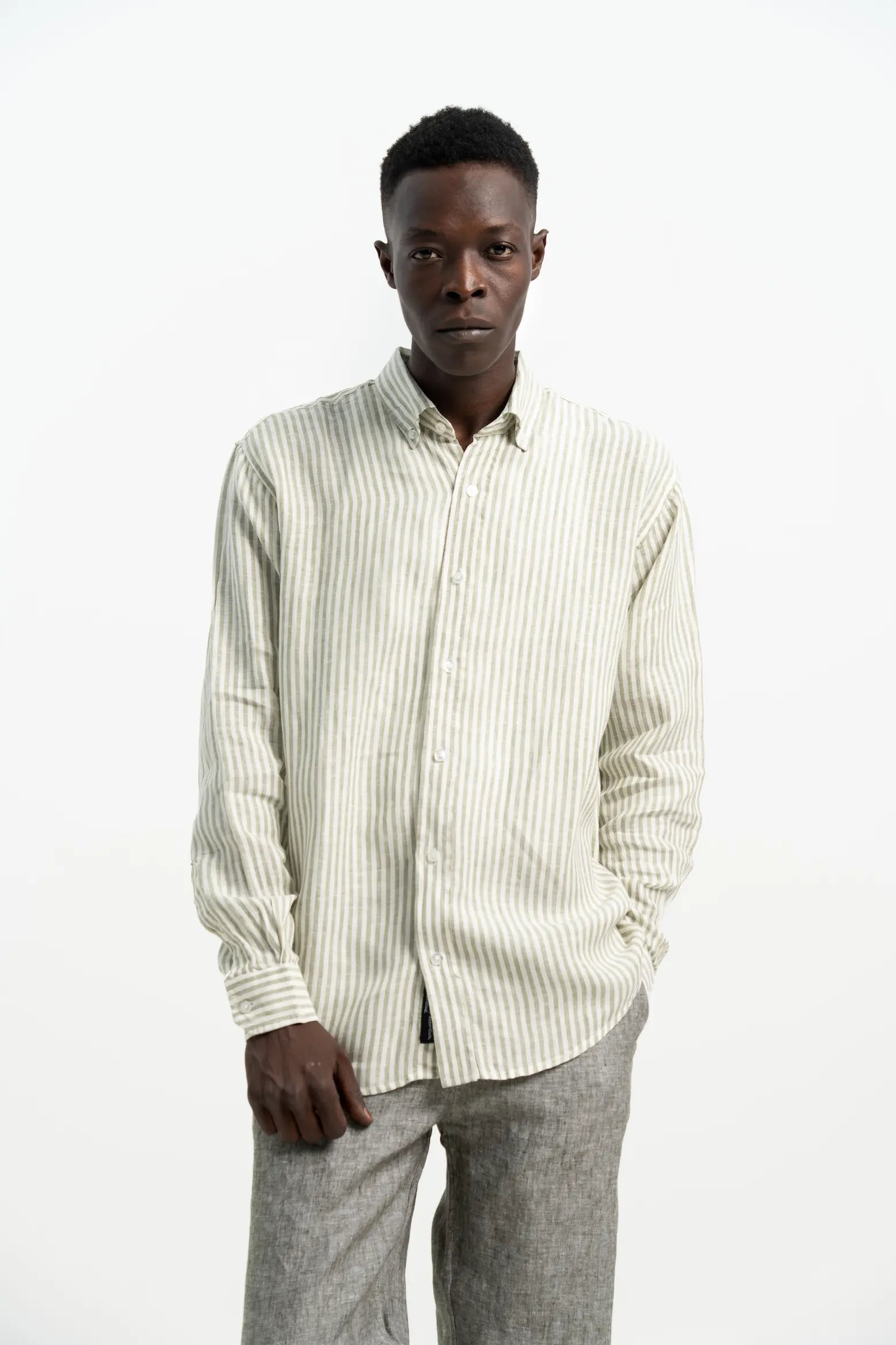 VELAIR LINEN GREEN STRIPS SHIRT