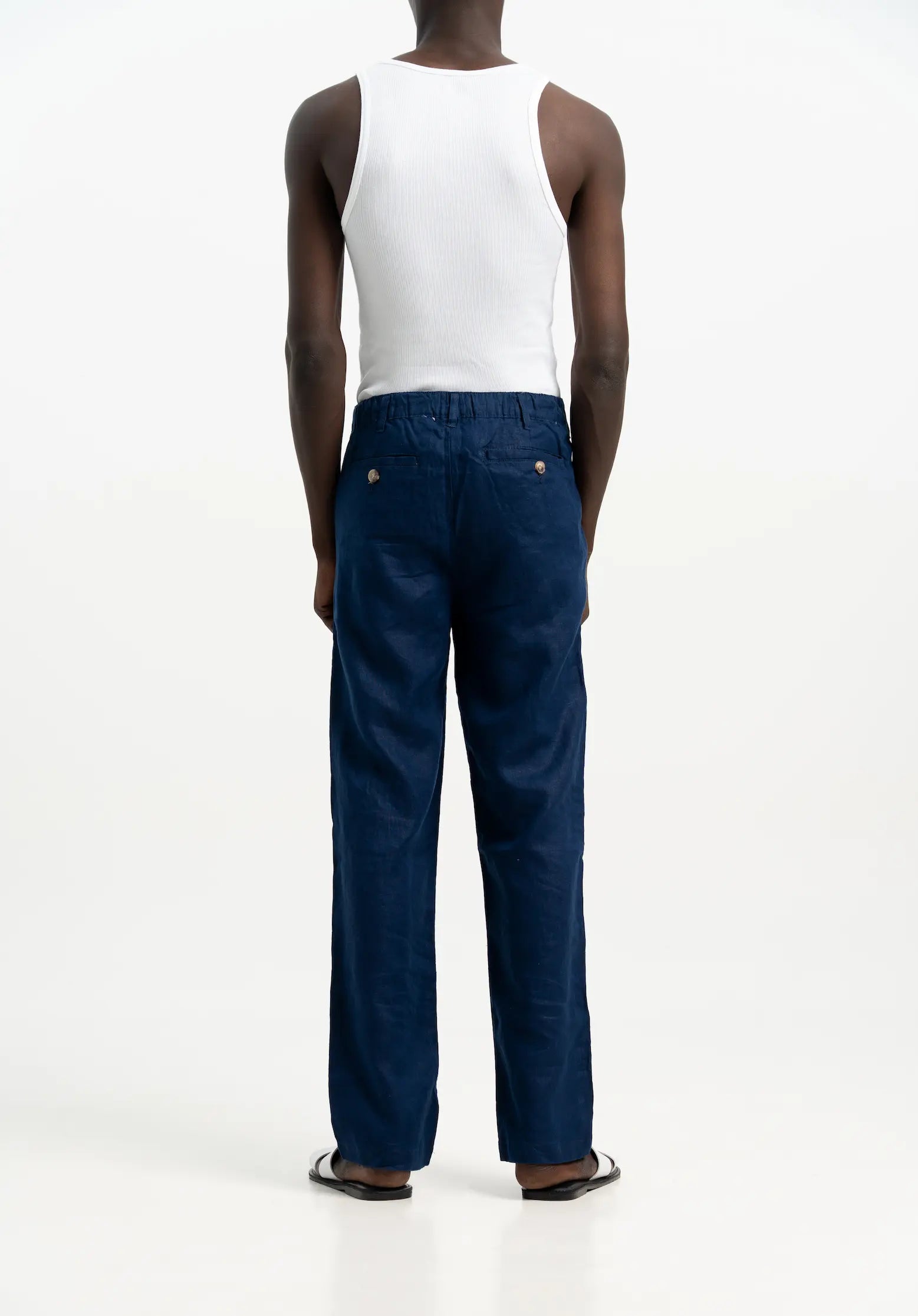 VELAIR LINEN NAVY BUCKLE UP PANTS