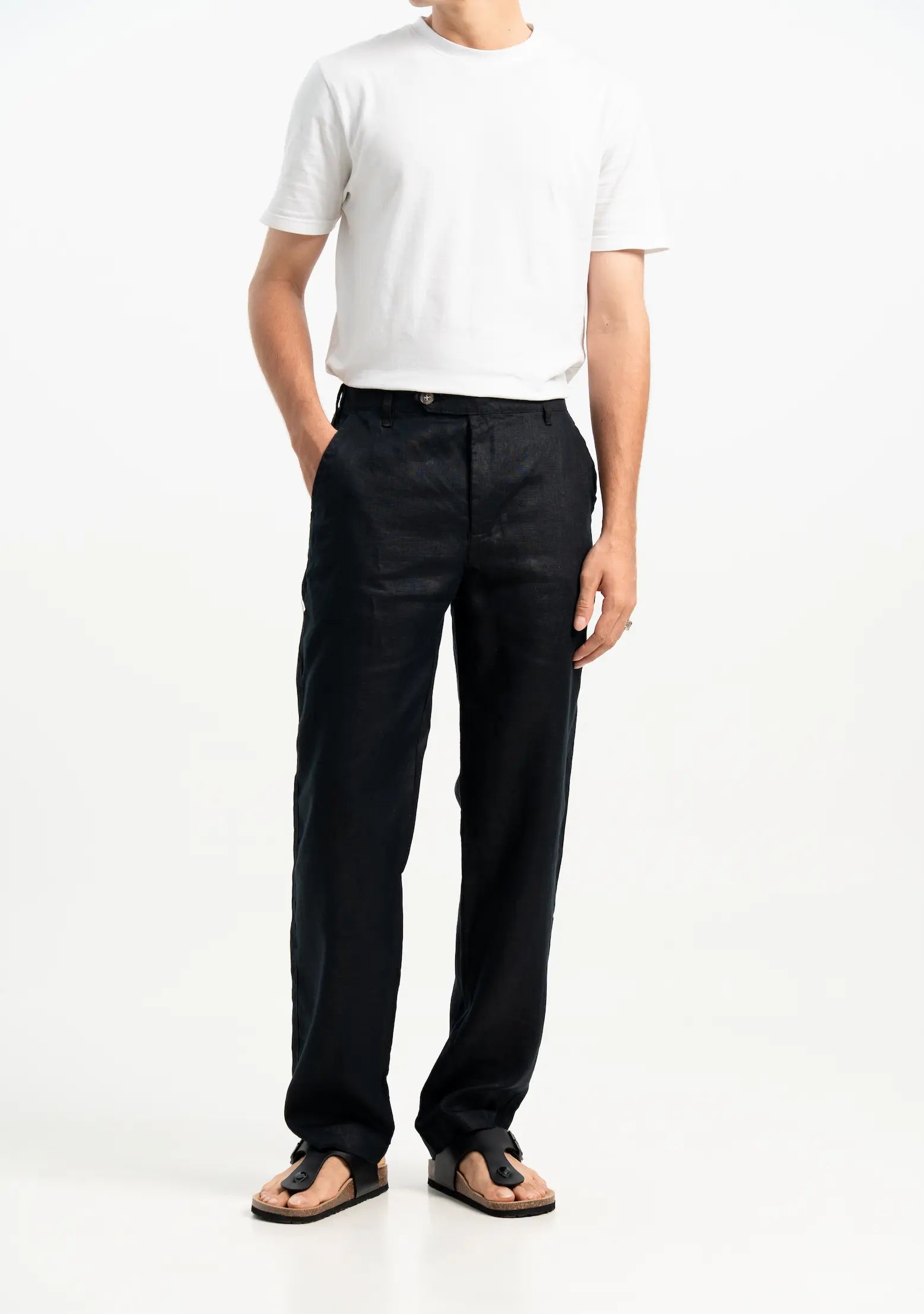 VELAIR LINEN BLACK BUCKLE UP PANTS