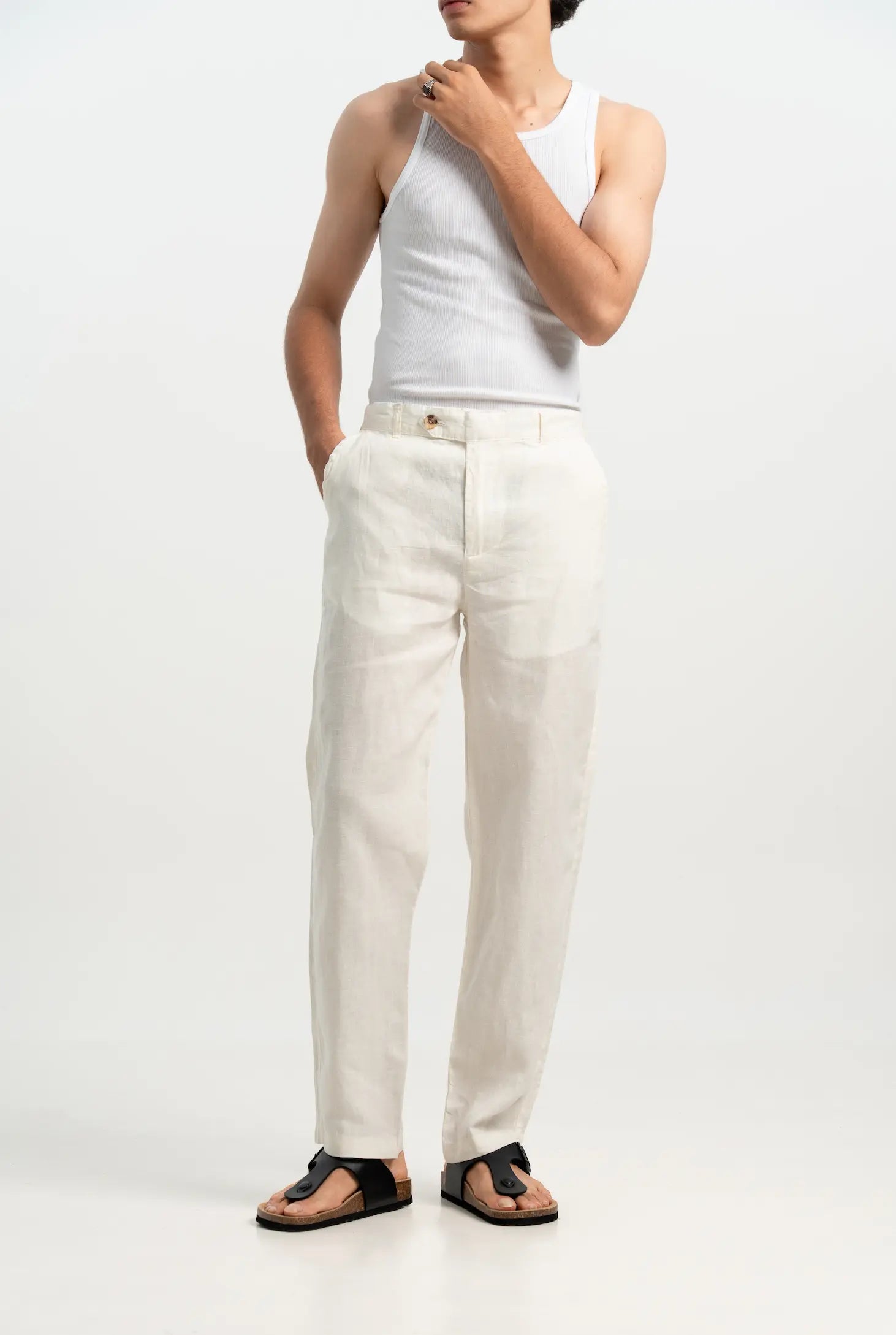 VELAIR LINEN OFF WHITE BUCKLE UP PANTS