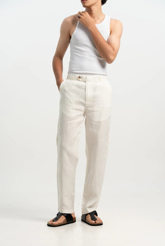 VELAIR LINEN OFF WHITE BUCKLE UP PANTS