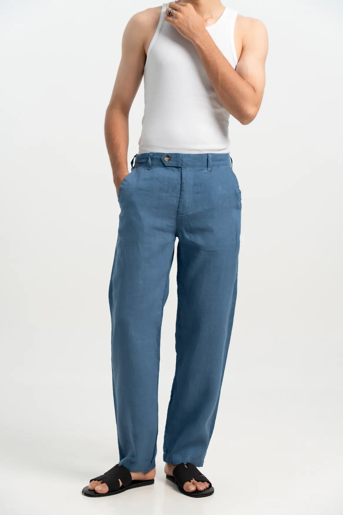 VELAIR LINEN MAYA BLUE BUCKLE UP PANTS
