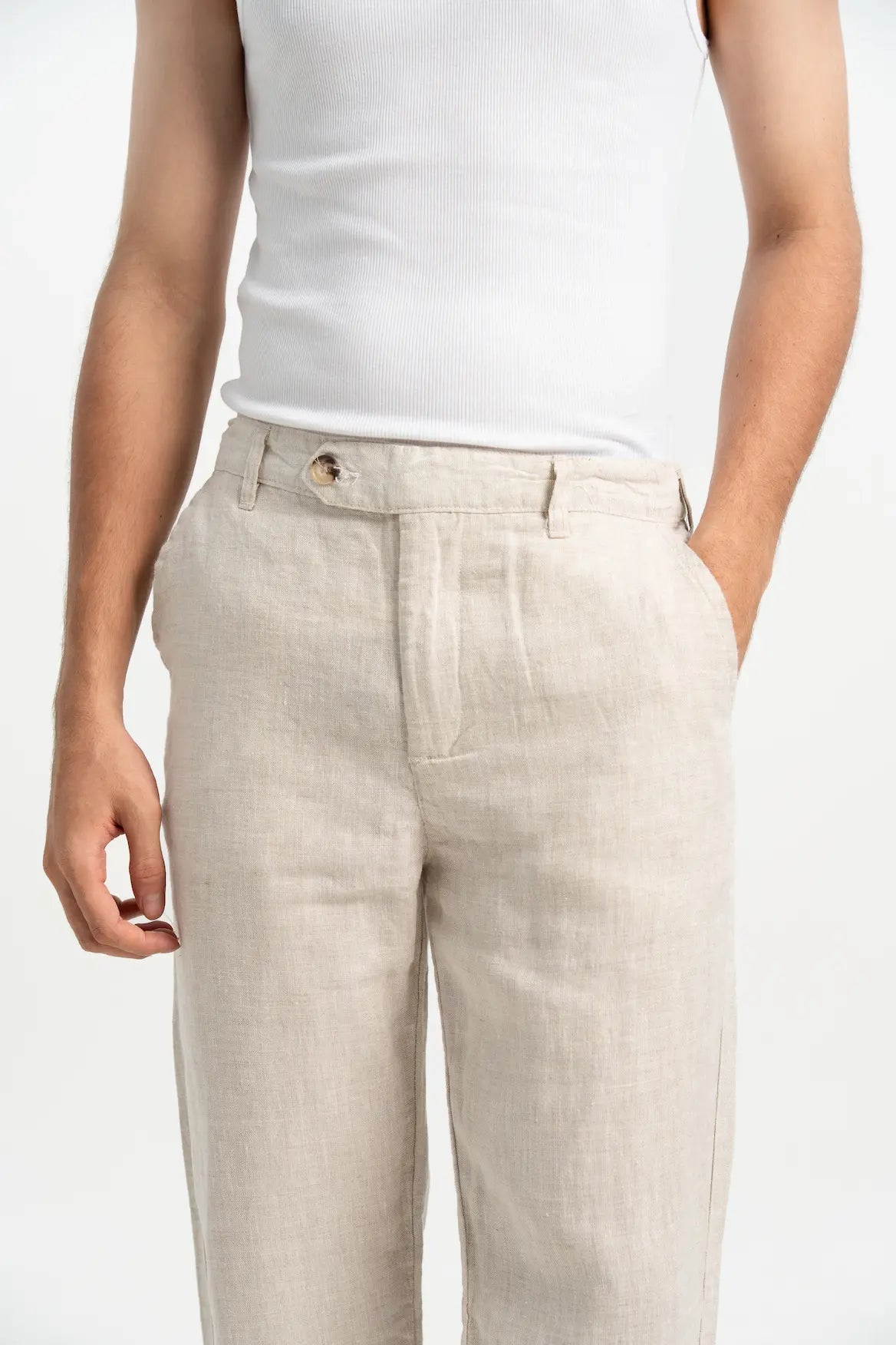 VELAIR LINEN CREAM BUCKLE UP PANTS