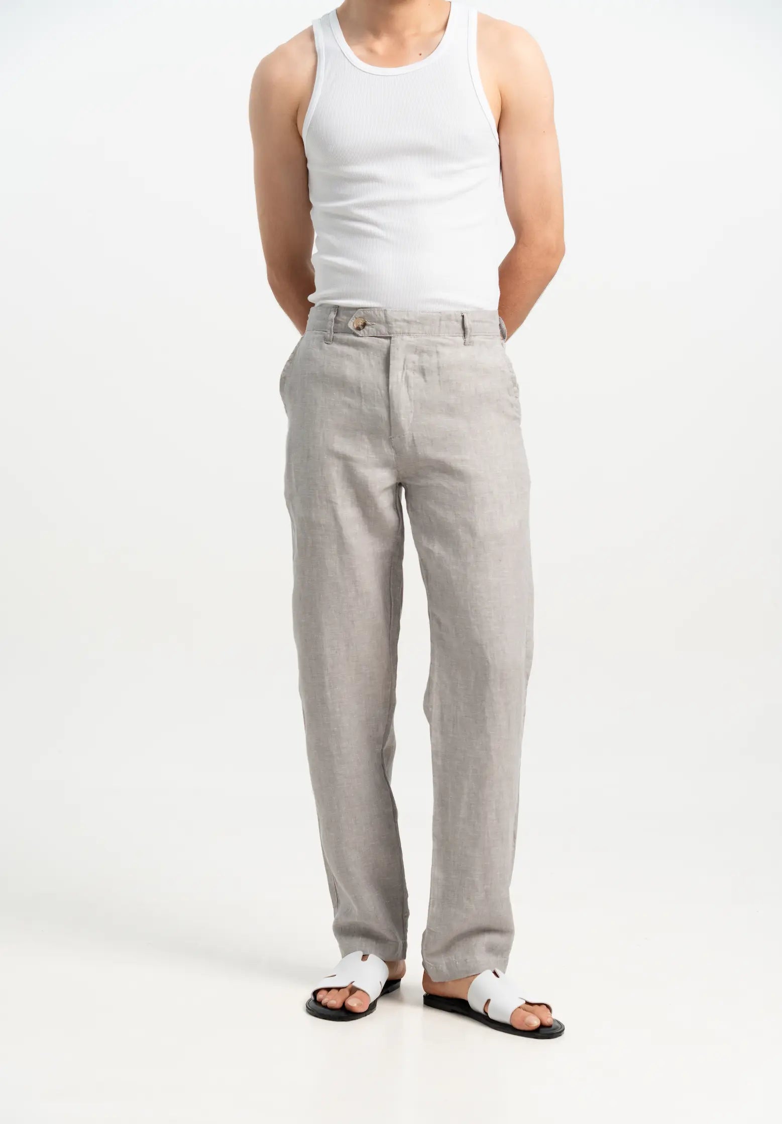 VELAIR LINEN GREY DENIM TEXTURE BUCKLE UP PANTS