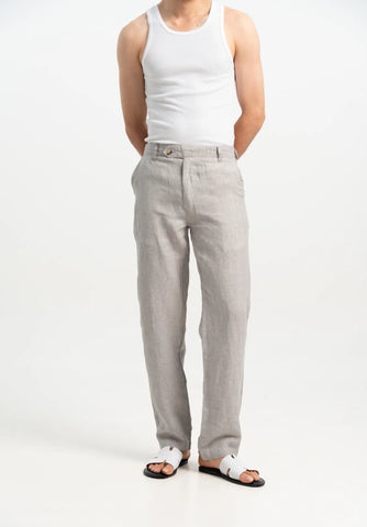 VELAIR LINEN GREY DENIM TEXTURE BUCKLE UP PANTS