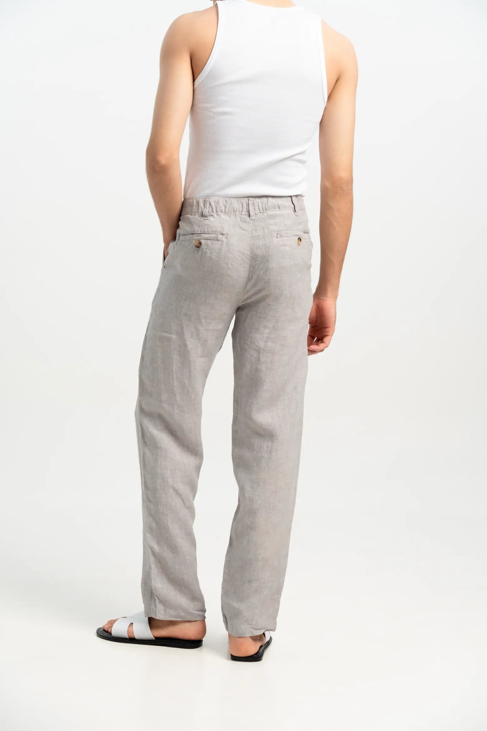 VELAIR LINEN GREY DENIM TEXTURE BUCKLE UP PANTS
