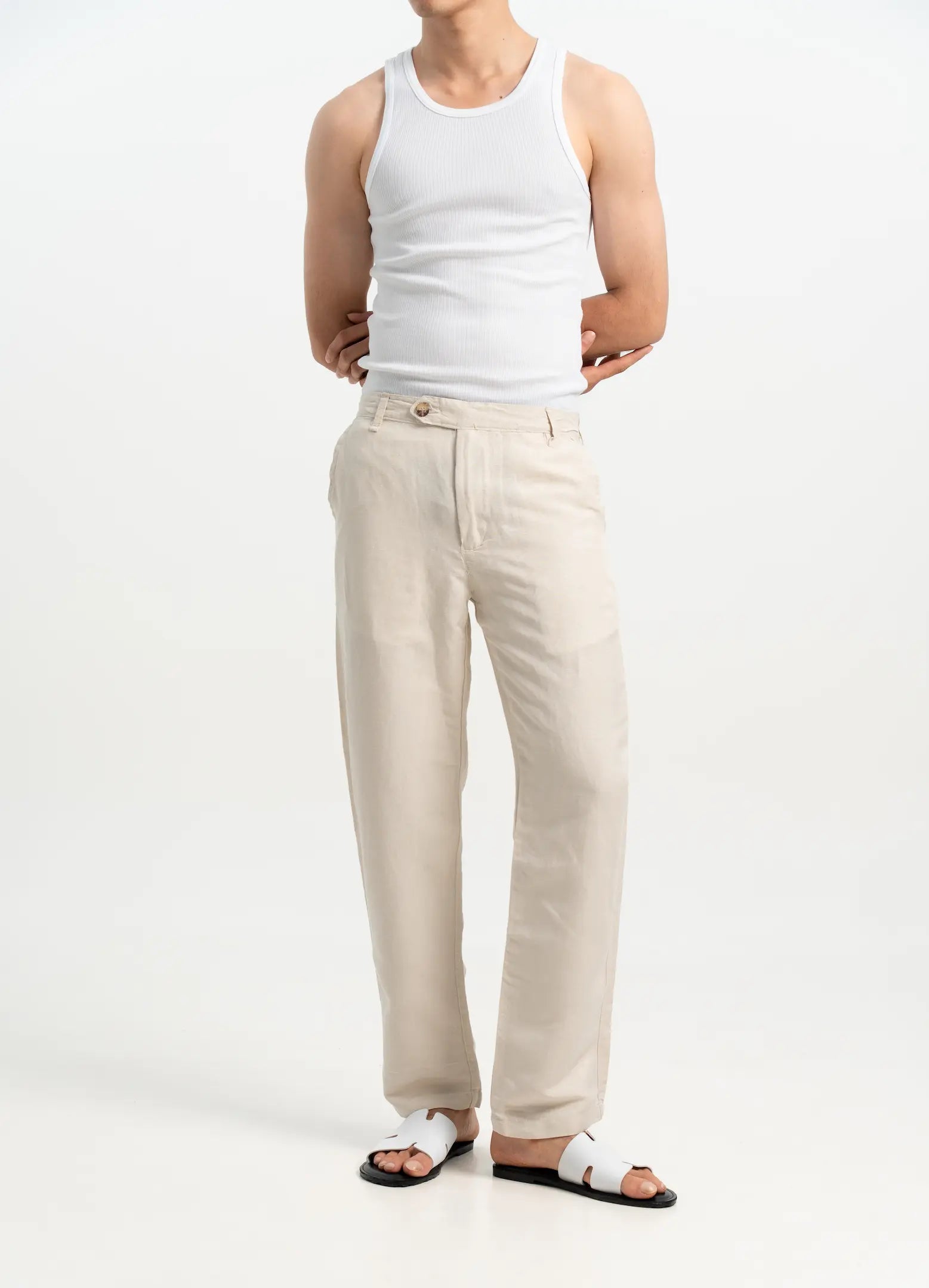 VELAIR LINEN CREAM BUCKLE UP PANTS