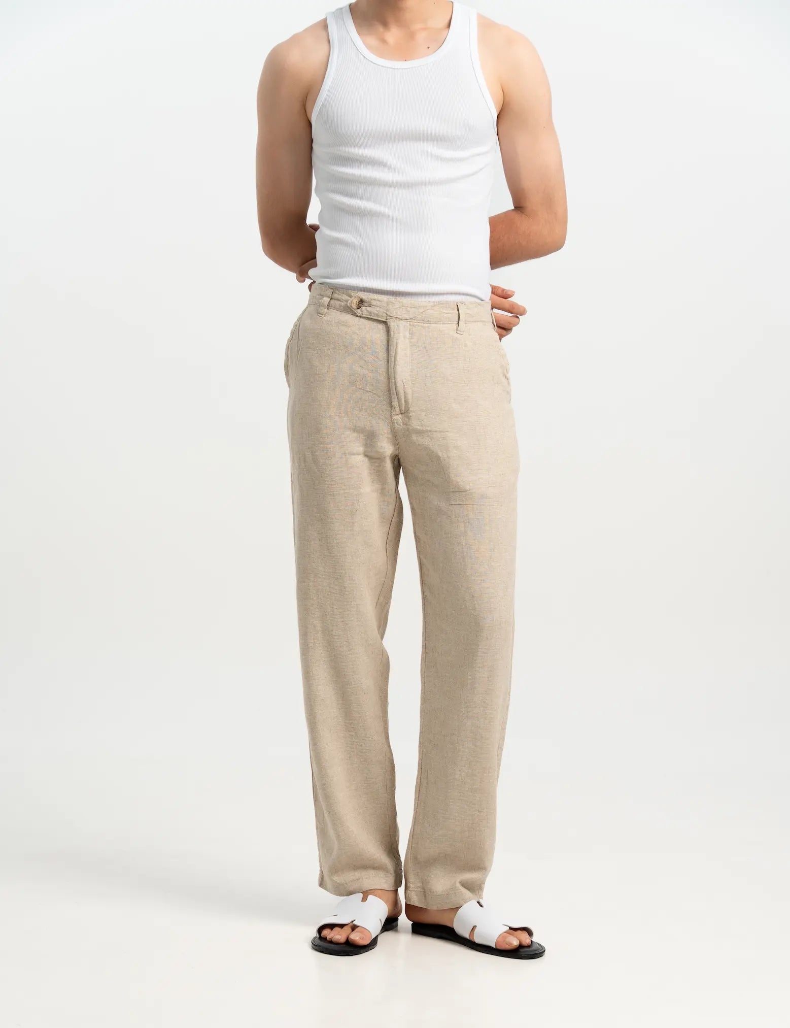 VELAIR LINEN TEXTURE HARD BUCKLE UP PANTS