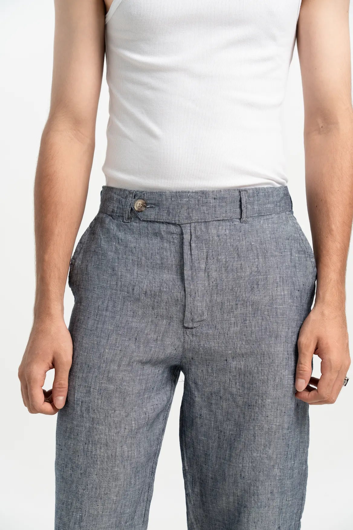 VELAIR LINEN DENIM TEXTURE BUCKLE UP PANTS