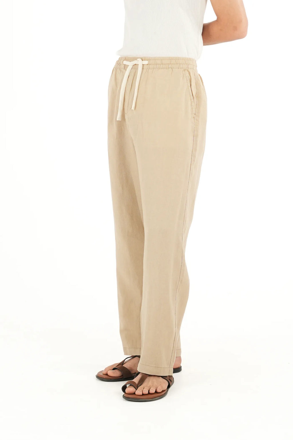 100% LINEN KHAKI DRAWSTRING TROUSERS